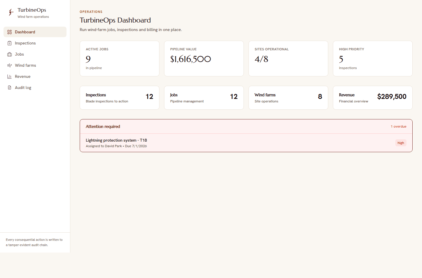 TurbineOps, a wind-farm operations app built by ALEA's agents